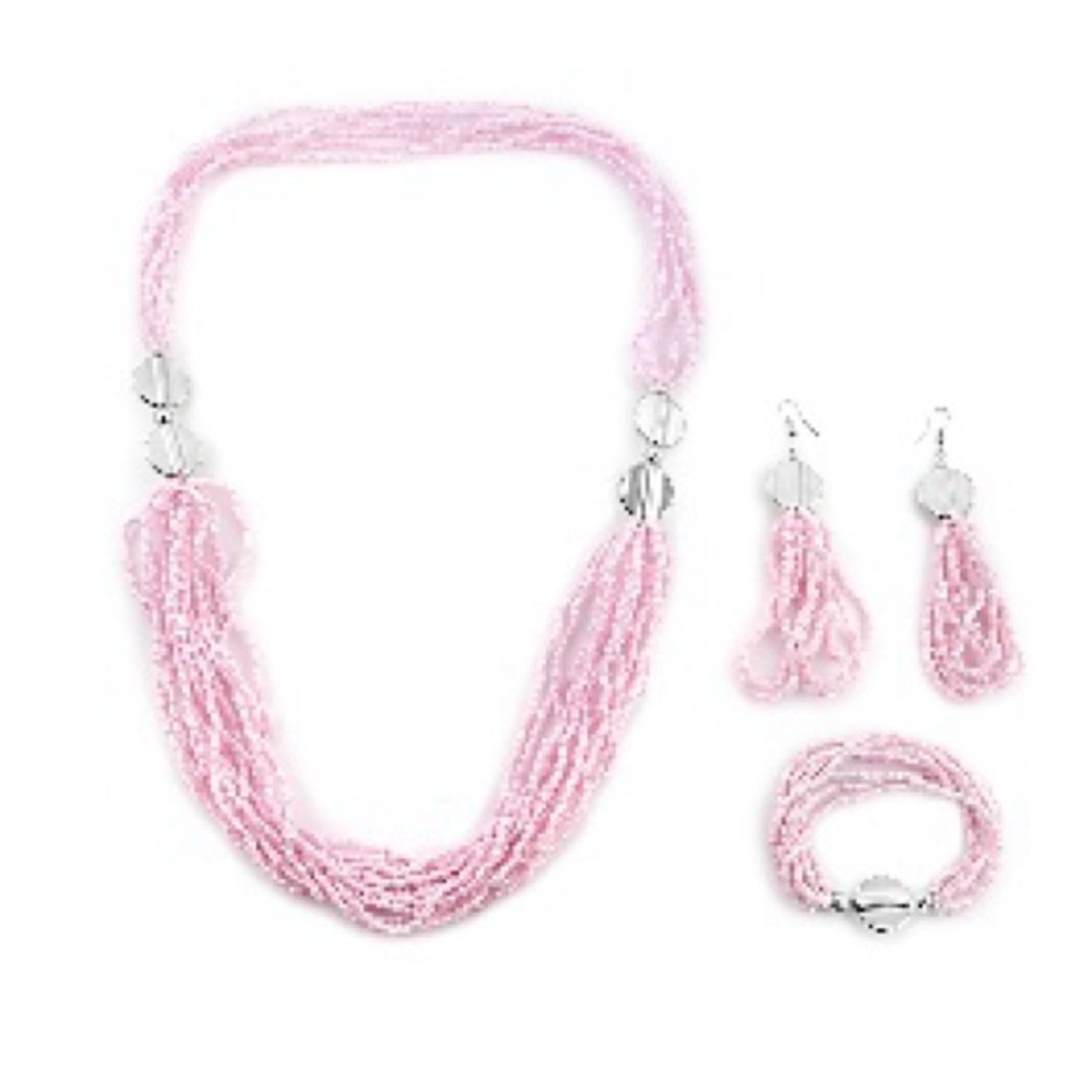 Pink Seed Beaded Stretch Bracelet, earrings, and Multi Layered Necklace